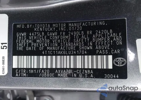 2020 Toyota Camry Le z USA, uszkodzony, nr VIN 4T1C11AK6LU341704